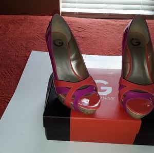 "Guess" High Heeled Cork Peep Toe Heels